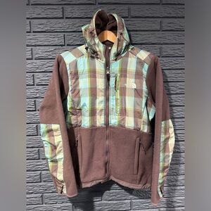 The North Face Denali Fleece Hooded Jacket Plaid Gray  & Teal Women’s Medium